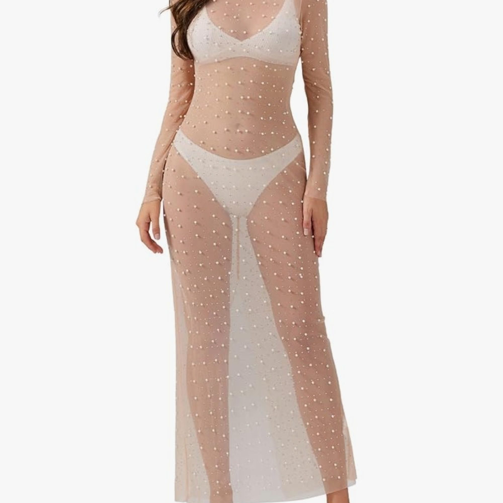 Sheer Pearl-Embellished Maxi Dress
